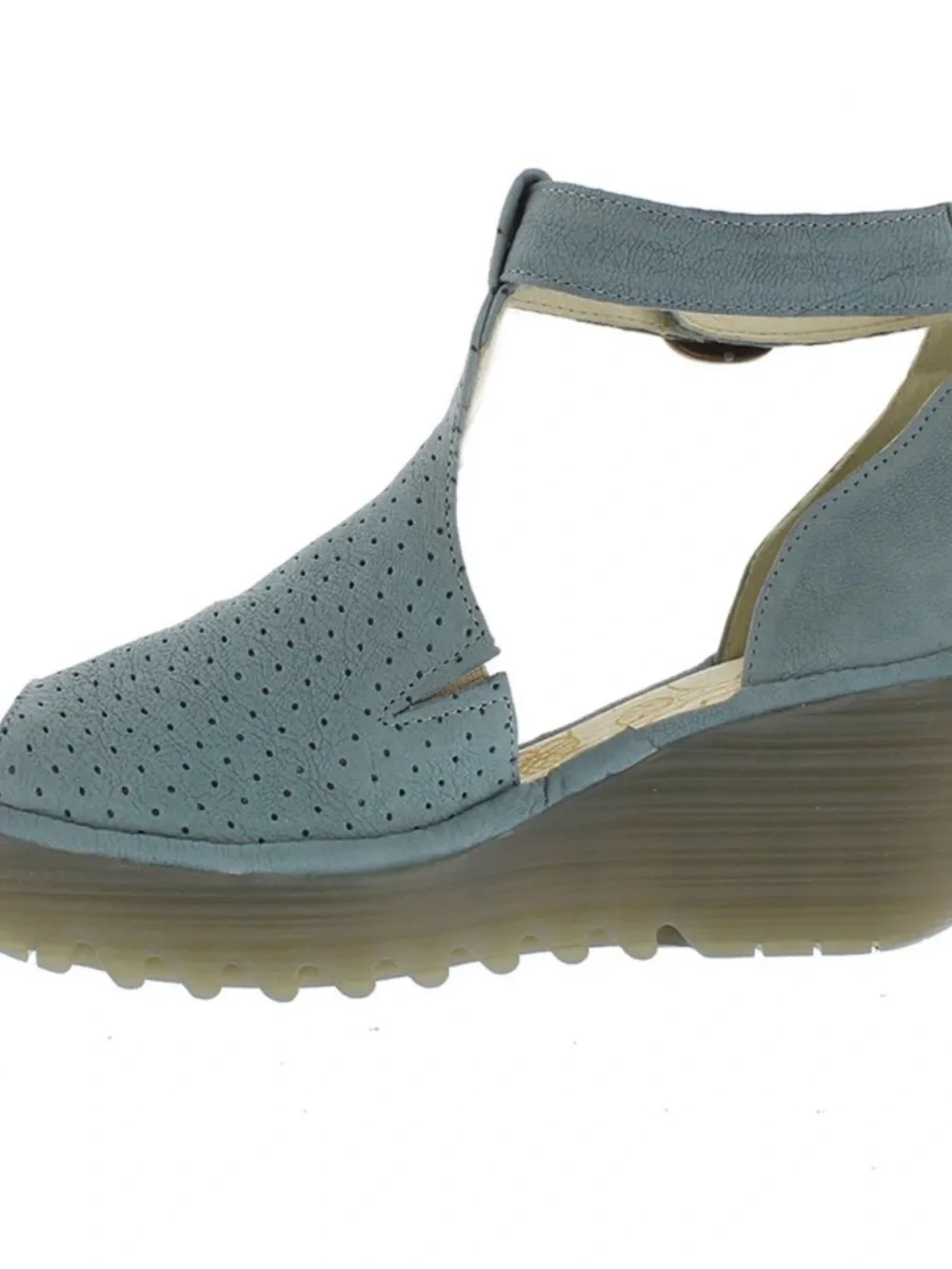 Fly London Yall Cupido Perforated Peep Toe Cut Out Wedge Heel 38 Pale Blue NEW